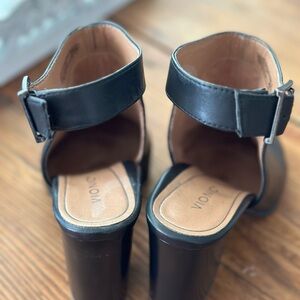 Vionic Size 8.5 Black Leather Ankle Strap Mule 3.5” Heel Rubber Sole
